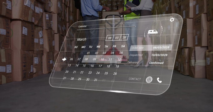Image of data processing against mid section of supervisors and workers working at warehouse