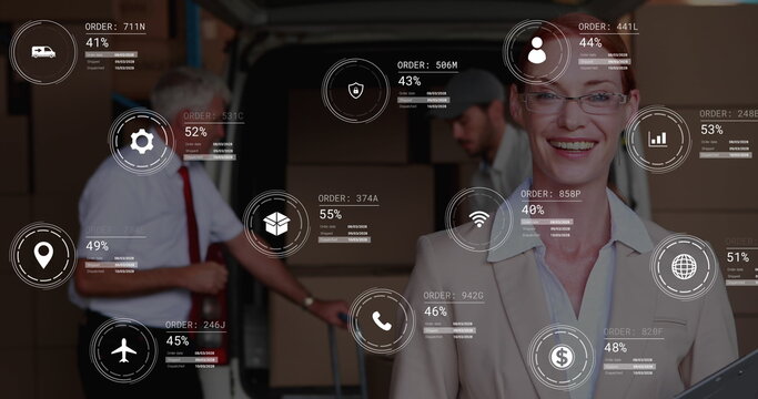 Image of data processing against portrait of caucasian female supervisor smiling at warehouse