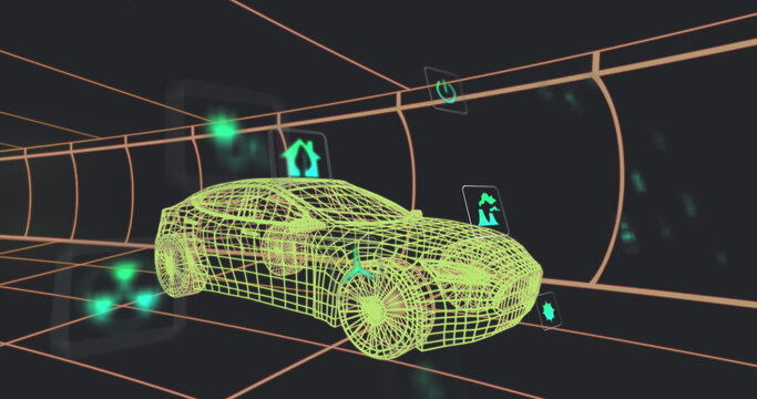 Image of multiple digital icons over 3d car model moving in seamless pattern in a tunnel - Powered by Adobe