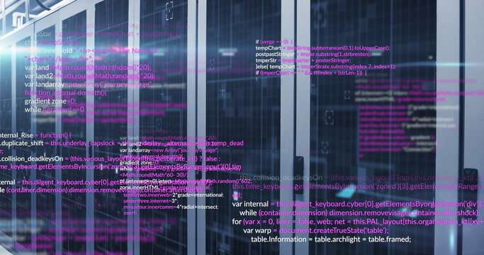 Image of data processing and light spots against computer server room