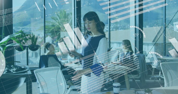 Image of statistical data processing against biracial woman using digital tablet at office