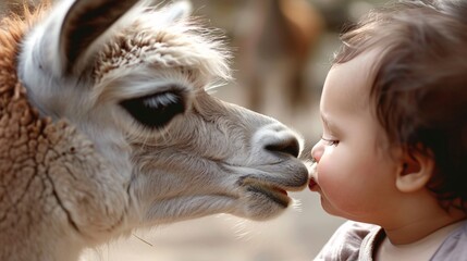 Fototapeta premium Baby kissing a llama on the mouth at a zoo 03
