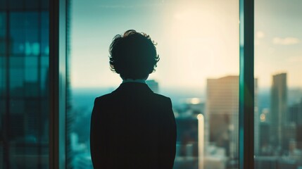 Fototapeta na wymiar Cinematic snapshot of a suited individual with the resemblance of a young boy, taking a moment of reflection by the window in a corporate office 04
