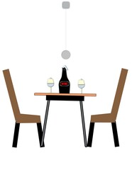 A table with two chairs and a bottle of wine
