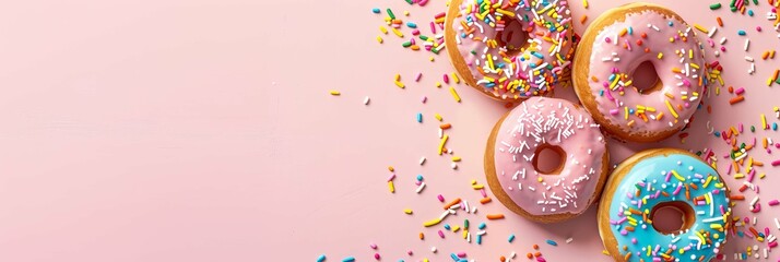 Colored donuts with colorful sprinkles on pink background empty space, panoramic. National Donut day