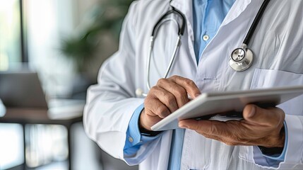 Medical professional using a stylus on a tablet with floating holograms. Biotechnology and digital health concept. Design for healthcare apps, interactive learning, and digital medicine adve