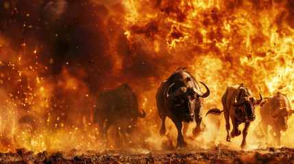 The intense image shows herds of wildebeest desperately fleeing from an overwhelming wildfire in a dramatic display of survival - obrazy, fototapety, plakaty