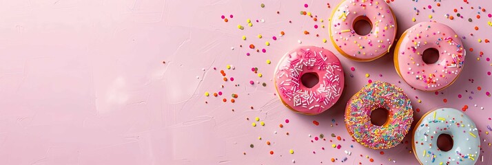 Colored donuts with colorful sprinkles on pink background empty space, panoramic. National Donut day