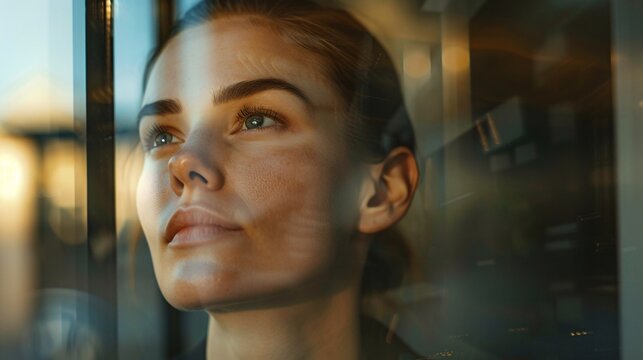 Young businesswoman deep in thought in front of her office window