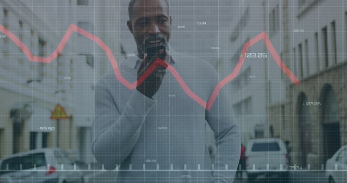 Image of data processing over african american man using smartphone