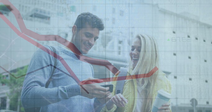 Image of data processing over caucasian couple using smarphone