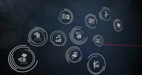 Image of business icons over data processing on black background