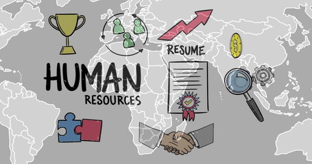 Image of human resources with icons over world map on grey background