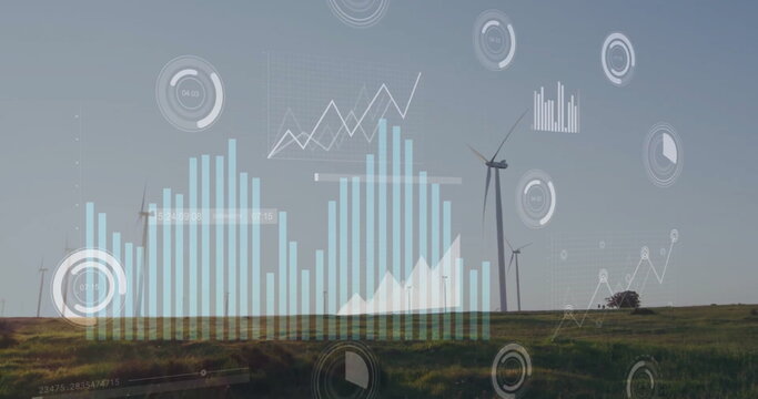 Image of financial data processing over wind turbines