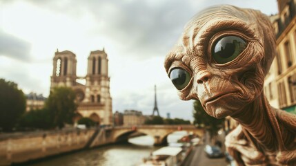 Cinematic photo of a friendly extraterrestrial enjoying a leisurely boat cruise along the Seine River in Paris, with historic landmarks like Notre Dame Cathedral softly blurred in the background - obrazy, fototapety, plakaty