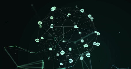 Image of network of connections with symbols on black background - obrazy, fototapety, plakaty