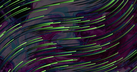 Image of curvy green lights moving up over dark purple and pink blots
