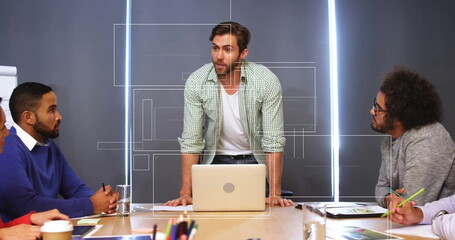 Image of data processing over diverse business people discussing work