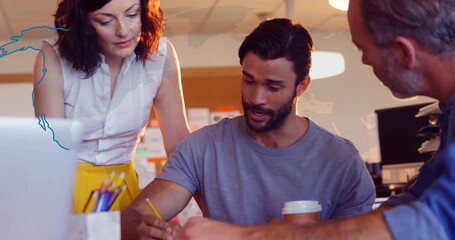 Image of data processing and world map over diverse business people discussing work