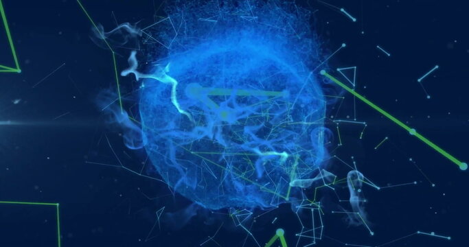 Image of networks of connections over blue sphere on blue background