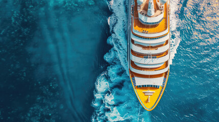 Aerial shot captures the grandeur of a large cruise ship sailing through the deep blue sea, leaving a wake trail behind