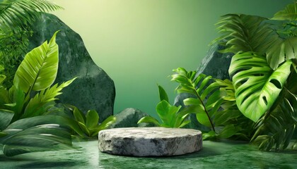 Stone podium scene with a summer background, including a 3D render of a product stage presentation with a green pedestal, plant, rock, leaf, and abstract art.