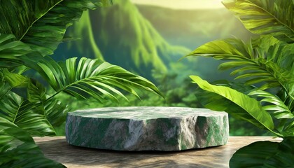 Stone podium scene with a summer background, including a 3D render of a product stage presentation...