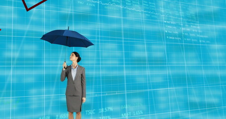 Image of data processing and floating diagrams over Caucasian woman holding umbrella