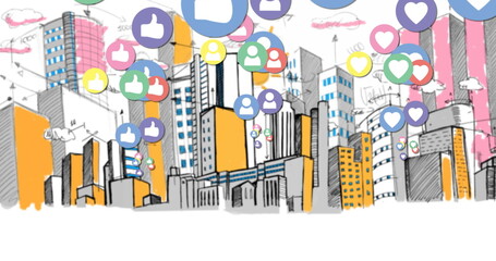 Image of multiple colourful digital social media icons flying over cityscape