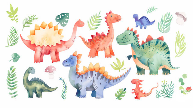 a set of watercolor illustrations of funny cartoon dinosaurs on a white background