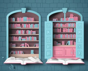 A library with one side brightly lit, shelves filled with well-thumbed books and readers engrossed in study, contrasted with a dark, deserted half, books dusty and untouched, papercut style