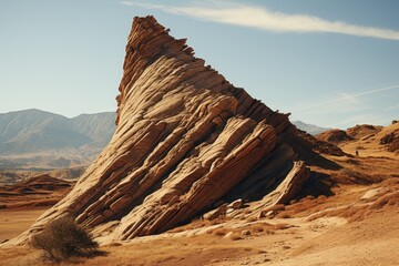 A large rock formation stands prominently in the arid desert landscape