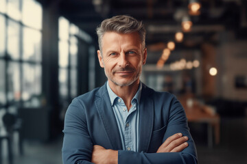 Portrait of a businessman standing with his arms crossed in a modern office building