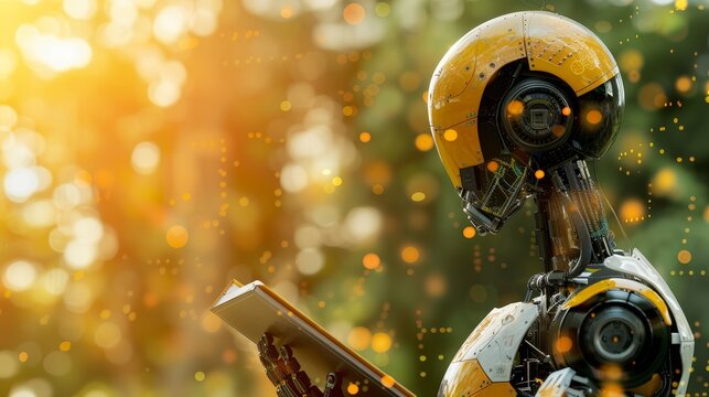 Humanoid ai robot with book and holographic math formulas, blurry background with text space - Powered by Adobe