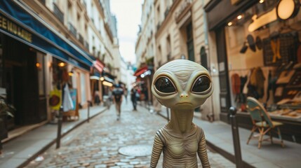 Cinematic moment of a friendly alien exploring the charming alleys of Le Marais district in Paris, with quaint boutiques and historical buildings softly blurred in the background