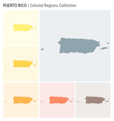 Puerto Rico map collection. Country shape with colored regions. Blue Grey, Yellow, Amber, Orange, Deep Orange, Brown color palettes. Border of Puerto Rico with provinces for your infographic.