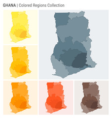 Ghana map collection. Country shape with colored regions. Blue Grey, Yellow, Amber, Orange, Deep Orange, Brown color palettes. Border of Ghana with provinces for your infographic. Vector illustration.