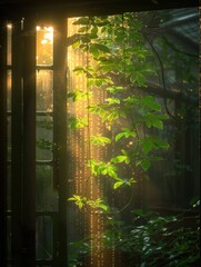 Bright sunlight enters through a window, illuminating a lush forest setting