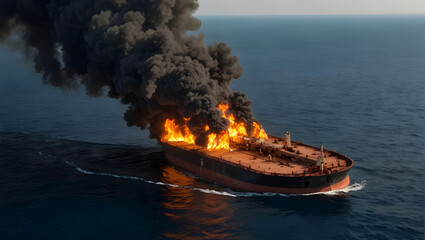 Burning oil cargo tanker in the ocean, sea. Export import of goods. Commercial delivery.