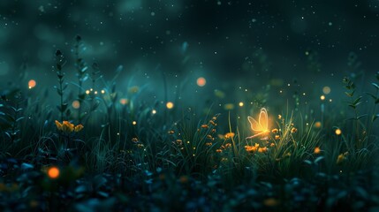 fantasy landscape with a glowing butterfly in a field of flowers - obrazy, fototapety, plakaty