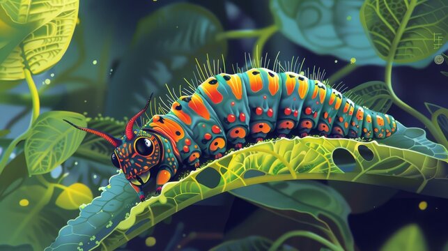 A hyper-realistic painting of a rainbow-colored fuzzy caterpillar on a leaf.