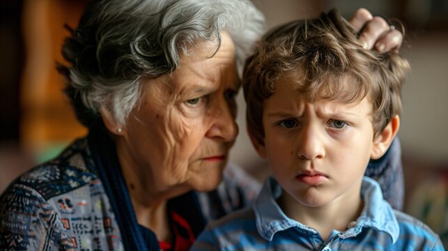 Angry grandmother, punishing her grandson for misbehaving