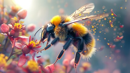 A bee pollinating a flower with a beautiful blurred background - obrazy, fototapety, plakaty