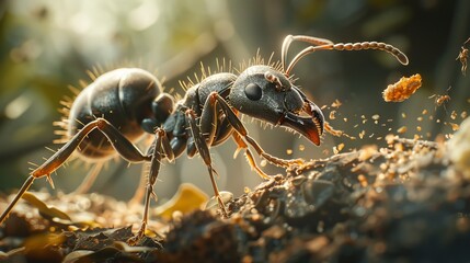 A detailed image of an ant carrying a piece of food. - obrazy, fototapety, plakaty