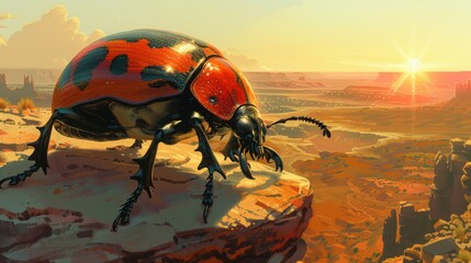 A red beetle on a rock outcropping in the desert at sunset. - obrazy, fototapety, plakaty