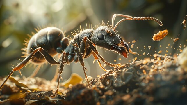 A detailed image of an ant carrying a piece of food.