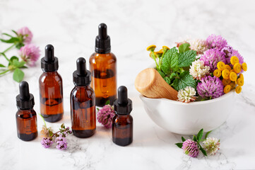 Obraz na płótnie Canvas medical flowers herbs in mortar, essential oil, alternative medicine. clover milfoil tansy rosebay