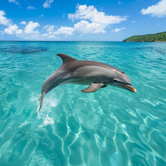 Naklejka premium a jumping dolphin in pristine, crystal clear waters.