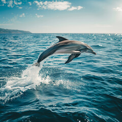 a jumping dolphin in pristine, crystal clear waters.