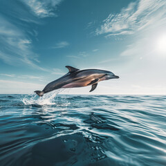 Fototapeta premium a jumping dolphin in pristine, crystal clear waters.